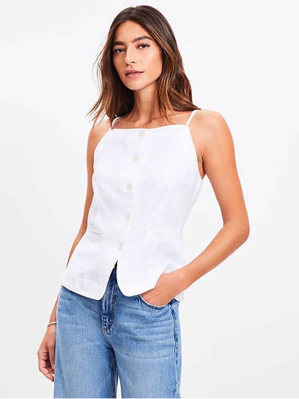 Women’s LOFT White linen button-up tank top with pockets in XS